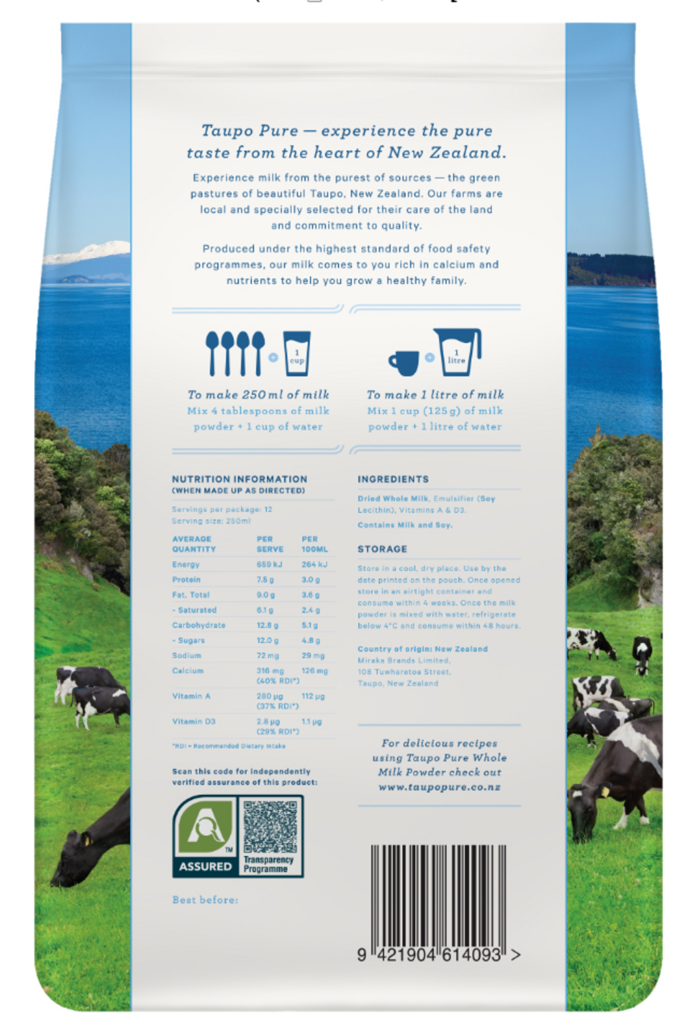 Taupo Pure Premium Whole Milk Powder (400g) AsureQuality Assurance